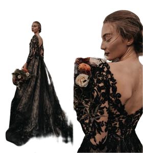 Gothic Full Black Long Wedding Dresses A Line Long Sleeves V Neck Court Train Vintage Bridal Gowns 2021 Plus Size Wedding Wear Dre275c