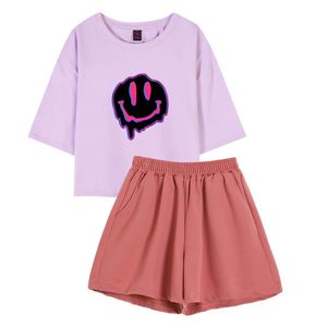 Women's Shorts Cartoon Print Night Suits Harajuku Graffiti Shirt Cotton Oversized Women Crop Tops Drop Shoulder Pajama Sets Pastel Sleepwear