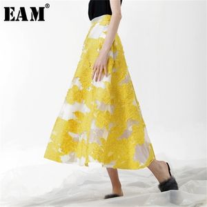 [EAM] Spring Summer Fashion Yellow Patchwork Flower Embroidery Zippers Simple All-match Thin Woman Skirt S618 210619