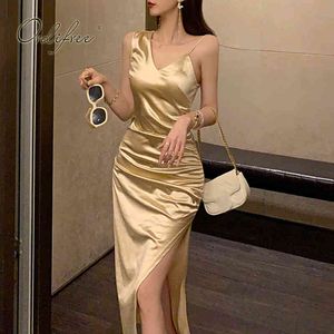 Sommar Kvinnor Lång Party Night Club Split Sexy Bodycon Gold Satin Slip Dress 210415