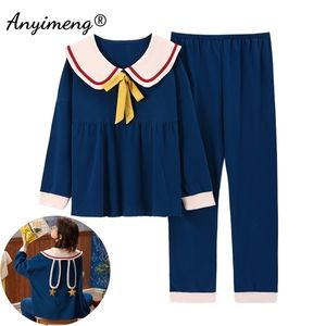 Navy Lapel Kawaii Pj Cotton Korean Style Fashion Pajamas for Young Ladies Teenager Student Girls Autumn Winter Home Clothing 211215