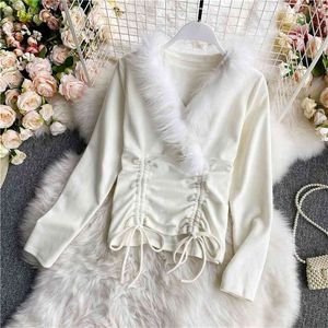 Spring and Autumn Fashion Temperament Furry V-neck Slim Long-sleeved T-shirt Bottoming Shirt Top UK217 210507