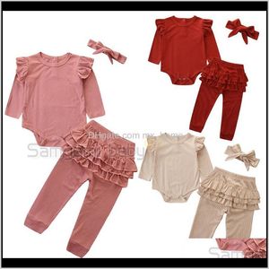 Baby Baby Kids Maternity Drop Delivery 2021 Outfits Ruffle Solid Clothing Sets 3 Designs Skirt Bow Headband Clothes Girls Elastic Band Pants