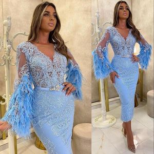 Little White Dress Sky Blue Full Lace Short Evening Cocktail Dresses with Long Sleeve Luxury Feather Arabic Aso Ebi Prom Gowns