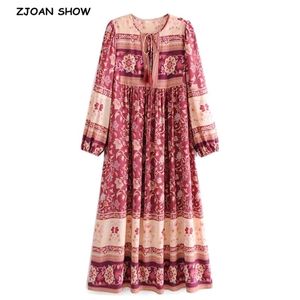 Bohemia lacing up v pescoço contraste cor flor impressão longa vestido boho mulher manga borla tassel estrapo vestidos de férias praia 210429