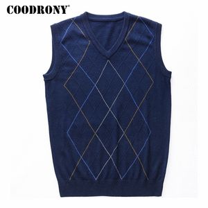 Coodrony Casual Argyle V-Neck Ärmlös Vest Men Kläder Höst Vinter Ankomst Strikkad Cashmere Ulltröja Vest 8174 211018