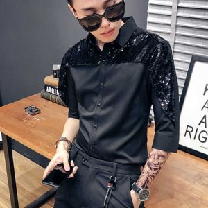 Sequin Tuxedo T-shirts Män Casual Slim Fit Långärmad Mens Klänning SHIRTS Nattklubb Party Prom Streetwear Kläder Social Shirt 210527