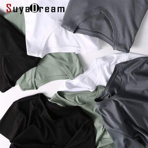 SuyaDream T-shirt da uomo tinta unita in misto cotone e seta Tinta unita O collo Camicie a maniche corte Estate Basic Top 210706