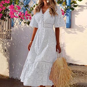 Sexy Czeski Sukienki Maxi Dla Kobiet Koronki Z Długim Rękawem V Neck Boho Swing Suknie Długie Koktajl Prom Suknia Dress Robe Femme Q0707