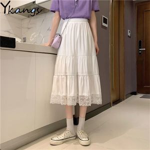 Solid Color Lace Stitching Pleated Skirt Summer Women White High Waist Long Saia Black Goth Korean Wild Daily Streetwear 210421