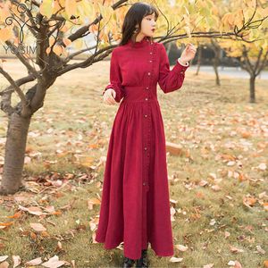 YOSIMI Spring Maxi Elegant Cotton Corduroy Vintage Long Women Dress Red Evening Party Full Sleeve Ankle-Length 210604