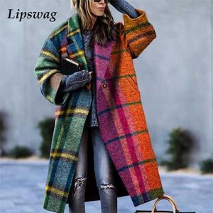 Autumn Women Plaid Print Long Sleeve Overcoat Winter Warm Loose Woolen Coat Office Lady Fashion Lapel Outwear Jackets Streetwear 211019