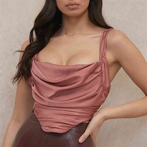 Rosa sommar Satin Camis Top Women Slim High Street Rushed Crop Top Party Club Kvinna Mode Toppar Blusskjorta Y2K oregelbunden klippa 210415