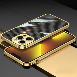 Glossy Aluminum Alloy Bumper Case For iPhone 14 Pro Max 14 13 12 11 Genuine Carbon Fiber Back Sticker Camera Lens Protector Cover