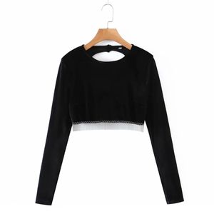 Wiosenne Kobiety Tassel He Velvet Backless Krótka Koszulka Casual Kobiet Z Długim Rękawem Crop Tops T1395 210430