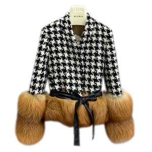 Women's Fur & Faux Beautiful Princess Short Houndstooth Stitching Red V-neck Fashion Coat Jacket Female Young Style (BF4F)