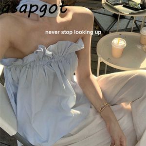 Seksi Halter Kolsuz Bluz Kadın Yaz Chic Kore Backless Oymak Shirts Tops Yüksek Elastik Blusas Mujer de Moda 210610