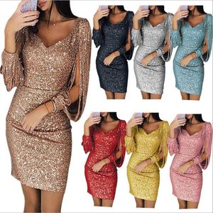 Sexy Frauen Kleid Pailletten Glitter Sparkle Tiefem V-ausschnitt Quaste Lange Ärmel Kurze Mini Abend Party Wrap Hüfte Paket kleid