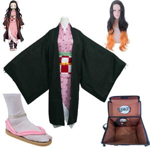 Anime Demon Slayer Kimono Kimetsu Hiçbir Yaiba Kamado Nezuko Tam Cosplay Yetişkinler Çocuk Kostüm Seti Peruk Ayakkabı Sırt Çantası Unisex Y0903
