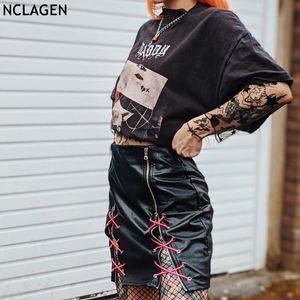 NCLAGEN 2021 Cool Lady Double Zipper Eyelet Cross Bandage PU Skirt Faux Leather Mini Skirts Women Party Club Hip Package Bodycon X0428