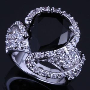 Cluster Rings Amazing Big Water Drop Black Cubic Zirconia White CZ Silver Plated Ring V0569