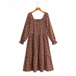 Vintage Woman Brown Print Square Collar Long Dress Spring Fashion Ladies Draped es Female Elegant Holiday 210515