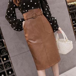 Skirts Fashion PU Leather Half-length Skirt 2021 High Waist Bag Hip Slit Mid-length Irregular One-step with Belt