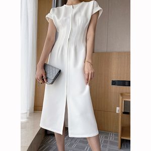 Lucyever Moda Ön Fermuar Bölünmüş Beyaz Elbiseler Kadın Yaz Zarif Parti Kısa Kollu Elbise Kadın Kore Katı Chic Vestidos 210521