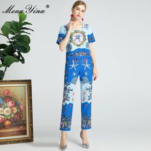 Moda Set Yaz kadın Kare Yaka Kısa Kollu Boncuklu Kabuklu Kabuk Denizyıldızı Tops + Pantolon İki Parçalı Set 210524