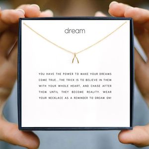 Pendant Necklaces Simple Dream Wish Bone Necklace Card Gold Color Alloy Clavicle Short Chain Women Christmas Gift Box Jewelry