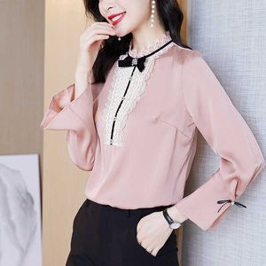Korean Silk Blouse Women Satin Blouses Shirts Woman Lace Embroidery Long Sleeve Tops Plus Size Bow Top 210604