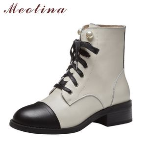 Meotina Genuine Leather Mid Heel Short Boots Women Shoes Pearl Lace Up Chunky Heels Fashion Ankle Boots Autumn Winter Black 39 210520