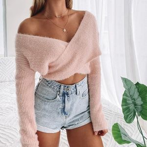 Sexy schulterfrei abgeschnittene Pullover Pullover Frauen flauschige Herbst Winter Tops Fuzzy Vintage lässig rosa Pullover 210415