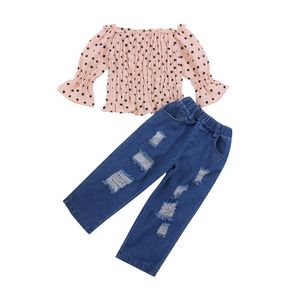 Conjuntos de ropa 1-6 años Trajes para niñas para niños Polka Dot Off Shoulder manga larga Rosa Smocked Tops Ripped Jeans Set Casual