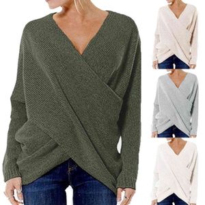 Women Autumn Sexy Knitted Sweater Vintage Cross Criss Pullovers Casual V Neck Loose Jumpers Solid Irregular Hem Sweater Y1110
