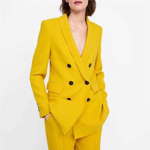 Women Elegant Yellow Blazers and Jackets Pockets Double Breasted Outerwear Office Lady Work Wear Chic Tops Suits Coat 210930