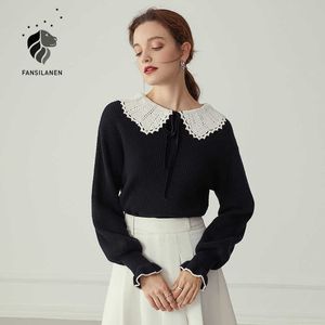 Fansilanen Flare Sleeve Vintage Siyah Kazak Kadın Yay Bandaj Zarif Örme Kazak Sonbahar Kış Kısa Kadın Jumper Top 210607