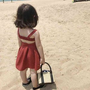 Лето Прибытие Девушки Мода Платье Принцессы Дети Красная Без спинки ES Girl 210528
