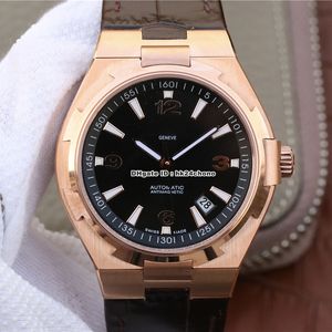 8F Factory Orologi di alta qualità 47040/000R-9666 Overseas 42mm Oro rosa ETA 9015 Orologio automatico da uomo Vetro zaffiro Quadrante nero Cinturino in pelle Orologi da polso da uomo