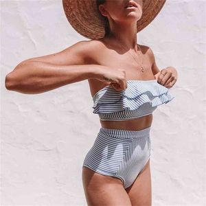 Sexig baddräkt Oregelbundna randiga Cascading Ruffles High Waist Bikini Badkläder Kvinnor 210421