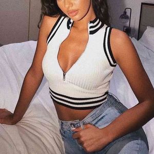 Sexy White Knitted short Tops Women Sleeveless Striped Blouses Zipper design Summer Slim 210430