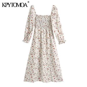 Women Chic Fashion Floral Print Smocked Midi Dress Vintage Square Collar Long Sleeve Side Slit Female Dresses 210416
