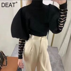 Turtleneck Solid Black Sweater Bubble Lantern Long Sleeve Mesh Pullover Thicked Top Female High Street Spring GX750 210421