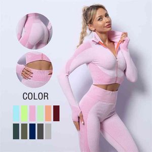 Mulheres Yoga Conjunto Execução de Ginásio Sem Emenda Roupas de Ginástica Fitness Leggings + Crop Top Sportswear Alta Cintura Legging Workout Suit 210802