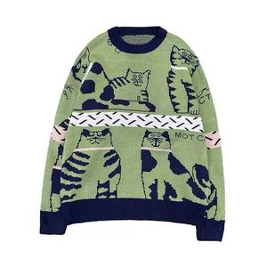 Zazomde Cartoons Cat Broderi Stickade Jumper Tröjor Retro Hip Hop Streetwear Harajuku Loose Casual Pullover Fashion Mens Topp 211014