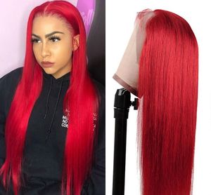 Długa prosta koronka przednia peruka czerwony kolorowe brazylijskie ludzkie włosy peruki dla kobiet 28 cal przedstkodzony HD przezroczysta peruka syntetyczna