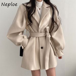 Cappotto a maniche lunghe a lanterna con colletto rovesciato Cappotto a maniche lunghe a vita sottile Feminino Giacca al ginocchio in tinta unita Donna Autunno Inverno 210422