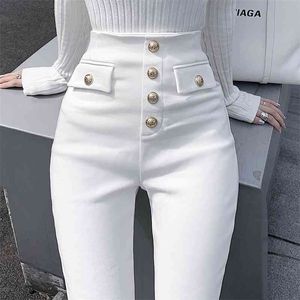 Botão Sólido Elástico Alto Cintura Skinny Mãe Calças Mulheres Estilo Stretch Stretch Lápis Calças Casuais Stretch Jeans Feminino 210715