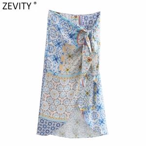 Zevity Women Vintage Cloth Patchwork Floral Print Knotted Sarong Skirt Faldas Mujer Female Side Zipper Chic Slim Vestidos QUN793 210730