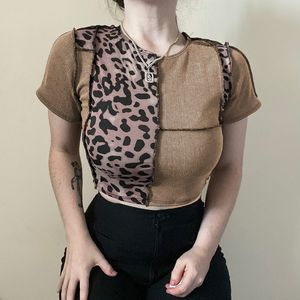Brown Stitched Leopard Patched Y2k Crop Tops Women's T-Shirts New Hit Summer Harajuku O-Neck Short Sleeve Vintage Tee Shirt 210415